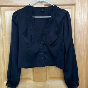 BOGO Shein black button up v-neck blouse lace accents size L